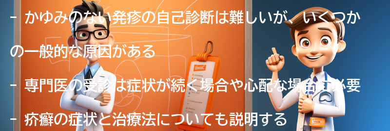 かゆみのない発疹の自己診断と専門医の受診のタイミングの要点まとめ