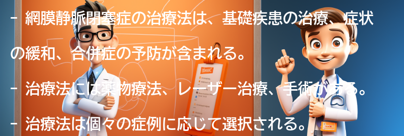 網膜静脈閉塞症の治療法にはどのようなものがありますか？の要点まとめ