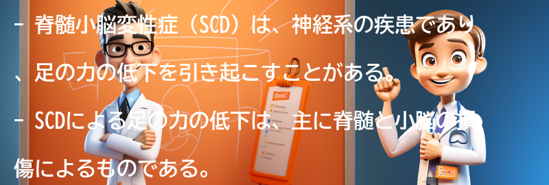 脊髄小脳変性症（SCD）による足の力の低下のメカニズムの要点まとめ